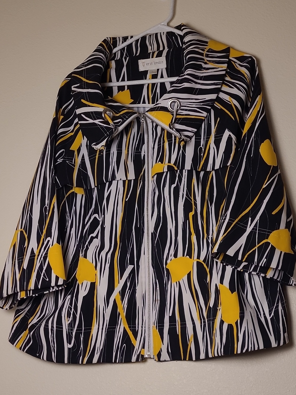 Erin London Yellow Black White Abstract Tulip Print Zip-Front Women's Top Size L